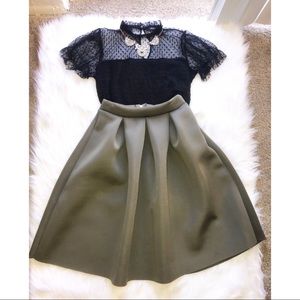 Pleated Olive Green Midi Skirt